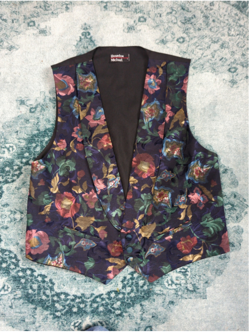 Vintage Brandon Michael Floral Tapestry Tuxedo Vest Size L Made in USA